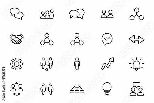 A clean bundle portraying collaboration, leadership, and communication skills in minimalist single-line form. Perfect for business presentations, training manuals, and soft skill workshops.