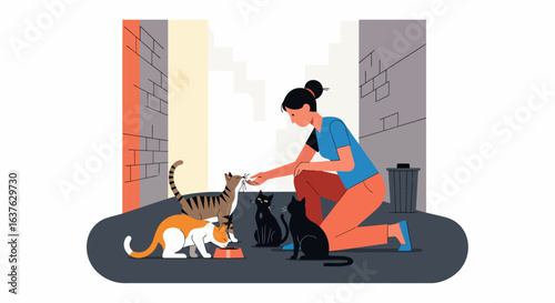 Woman kneeling and feeding a group of stray cats in an urban alleyway