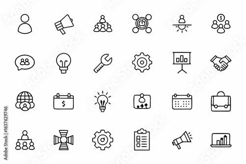 A modern bundle showcasing key startup elements, networking icons, and strategy visuals in elegant continuous-line art. Ideal for startup websites, investor presentations, and marketing materials