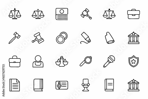 An authoritative bundle illustrating law enforcement, legal agreements, and judicial symbols in sleek single-line outlines. Ideal for legal consulting, justice reform projects, and court branding.