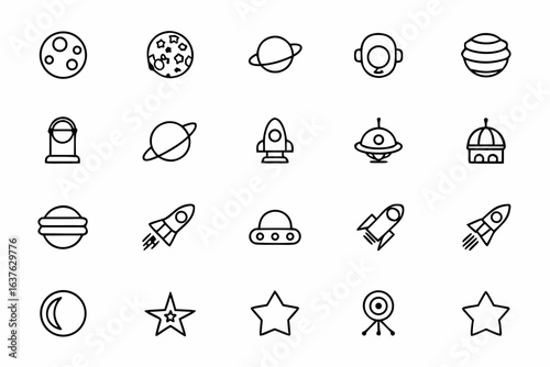 A mesmerizing bundle portraying stars, planets, and space equipment in clean single-line form. Perfect for sci-fi book covers, space education, and astronomy exhibitions