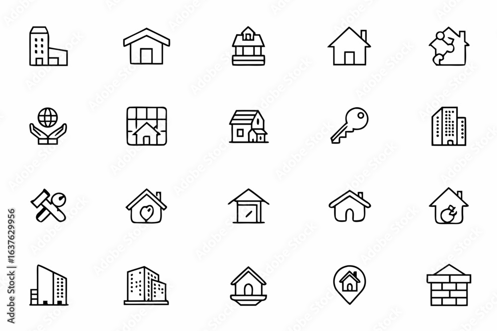 Fototapeta premium A professional bundle showcasing residential and commercial properties, sales icons, and real estate transactions in elegant continuous-line art. Ideal for real estate agencies, property management, a