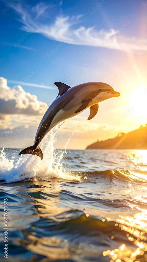 Fototapeta premium Dolphin leaping in sunset ocean