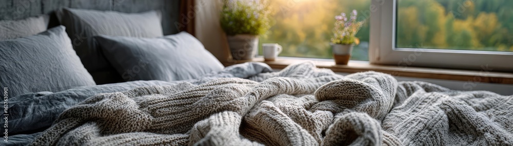 Torn section of knit linen concept. Cozy bedroom with warm blanket and soft pillows, inviting comfort. Torn section of knit linen concept. Cozy bedroom with warm blanket and soft pillows, inviting comfort.