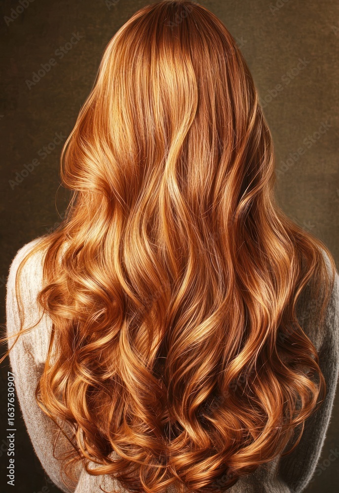 Fototapeta premium Hair model with long shiny curls in salon lighting