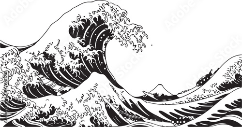 The Great Wave off Kanagawa, an iconic Japanese woodblock print vector illustration in black and white