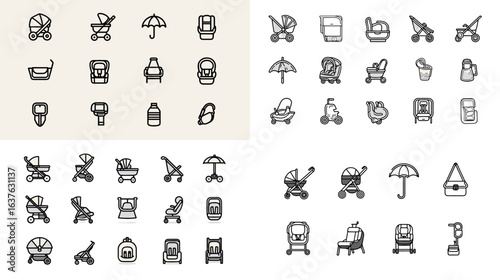 Line icon set of baby strollers, car seats, feeding bottles, and sun umbrellas, perfect for parenting, childcare, and baby product e-commerce designs.

