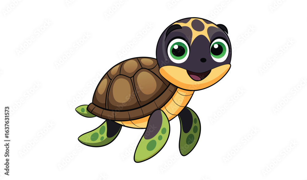 Obraz premium Cute cartoon baby sea turtle with big green eyes and a happy smile