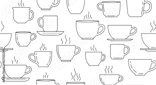 Seamless pattern of coffee cups and mugs in black and white, vector design