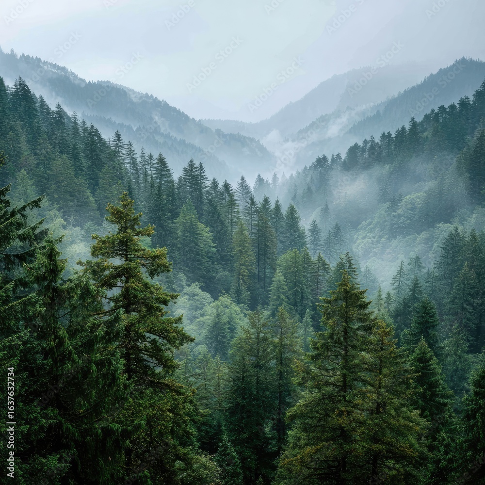 Obraz premium Misty mountain valley, dense forest