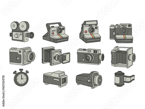 Vintage Cameras: A detailed illustration showcasing a collection of retro cameras, highlighting their unique designs and the nostalgia associated with classic photography.