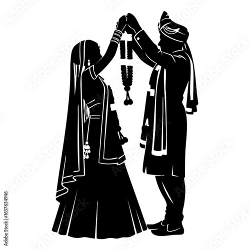 Minimal Hindu Wedding Couple Jaimala Garland Exchange Vector Illustration