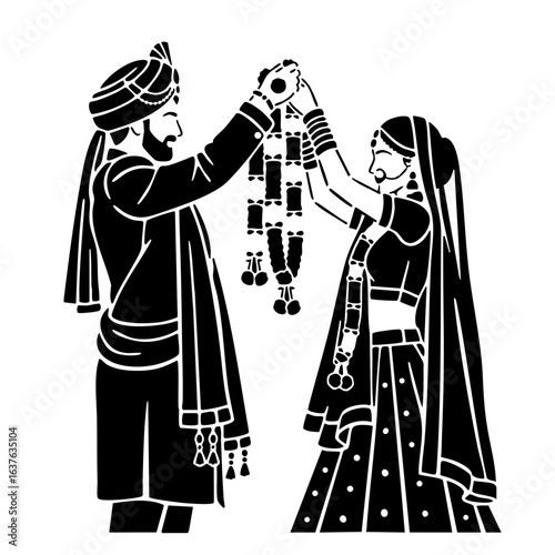 Minimal Hindu Wedding Couple Jaimala Garland Exchange Vector Illustration