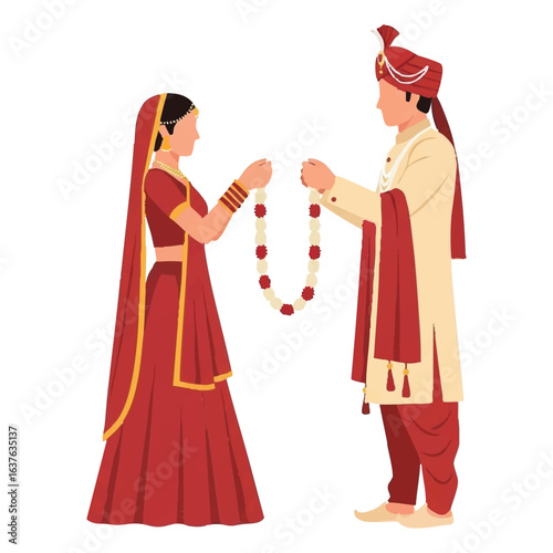 Minimal Hindu Wedding Couple Jaimala Garland Exchange Vector Illustration