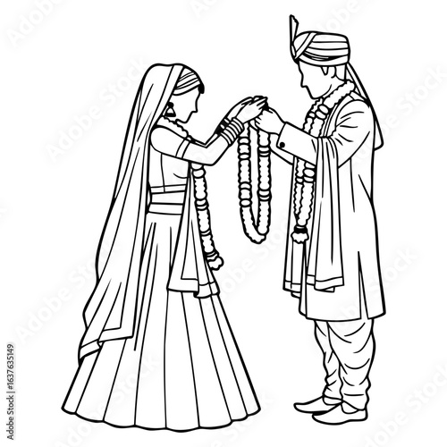 Minimal Hindu Wedding Couple Jaimala Garland Exchange Vector Illustration