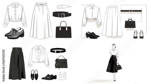 Elegant hand-drawn women’s outfit set, featuring blouses, midi skirts, belts, handbags, and shoes, in minimalist and stylish design.