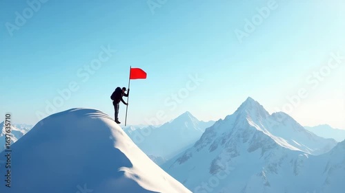 Hiker Planting Flag on Snow-Capped Mountain Peak Against Clear Sky - Symbolizing Personal Achievement in High-Resolution Stock Photo with Empty Space