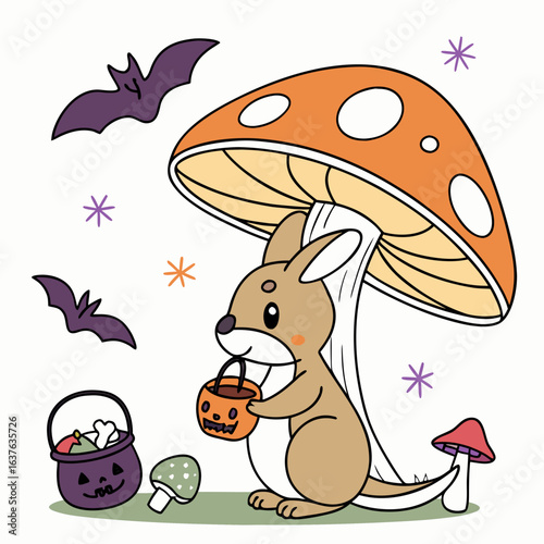 Spooky Fun themed SVG: Bashful Kangaroo with under a mushroom in a Halloween environment