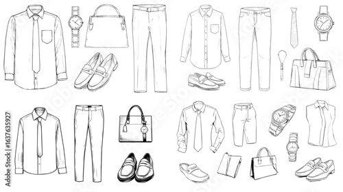 Hand-drawn set of formal men’s clothing and accessories, including shirts, trousers, loafers, ties, watches, and handbags, isolated in line art style.