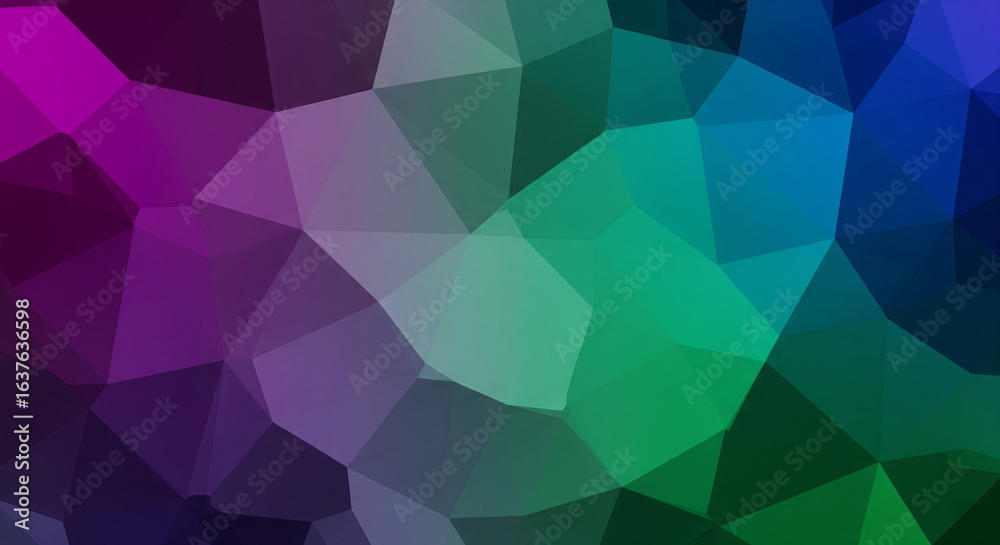Obraz premium An abstract geometric background with a low-poly pattern of triangles and polygons in a vibrant gradient of purple, green, and blue, creating a modern and futuristic visual.