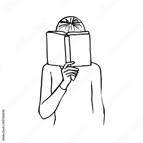 woman covering her face with a book or reading with it held close to her face at eye level - hand drawn sketch line