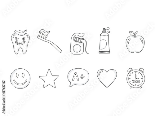 Dental Health Icon Set: A meticulously drawn collection of essential dental hygiene items, alongside additional symbols representing oral health care, including a tooth, toothbrush, dental floss.