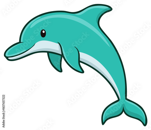 Cartoon dolphin illustration of a teal sea animal jumping with a fun cute expression isolated on white