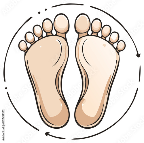 Human feet illustration with circular arrows symbolizing movement and health