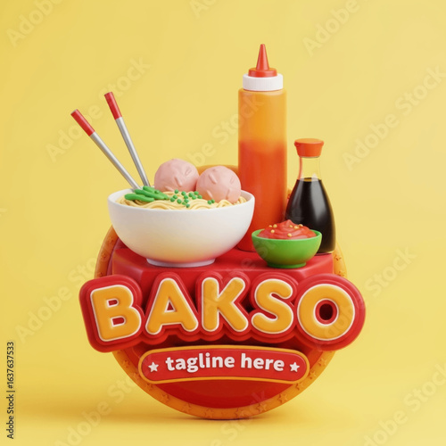 Bakso Food Logo 3D Meatball Noodle Soup Restaurant Emblem Vector Illustration