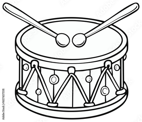 Outline Drawing of a Toy Drum with Drumsticks Ready to Play