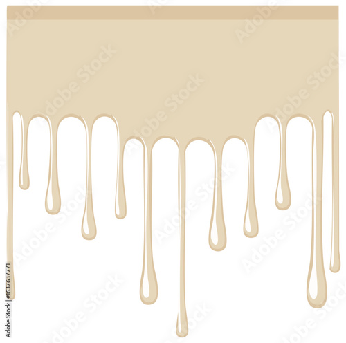 Beige paint dripping down graphic. Creamy liquid drips backdrop for design.