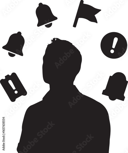 Silhouette man surrounded by notification icons person