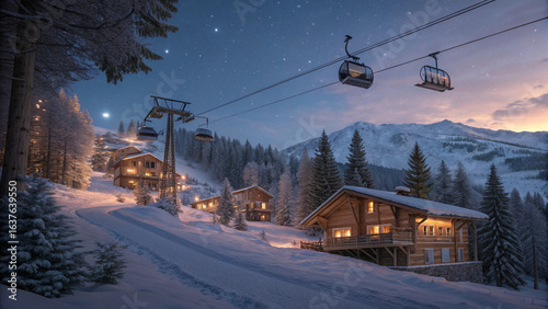 Photo of luxury Alpine ski resort at twilight with cozy wooden chalet at night with snow covered mountains in the background