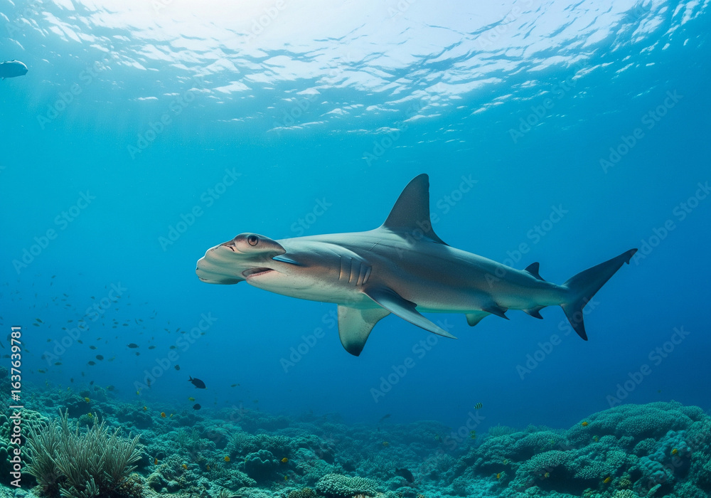 Obraz premium Ocean predator: a hammerhead shark swimming in the clear, sunlit waters above a coral reef environment.