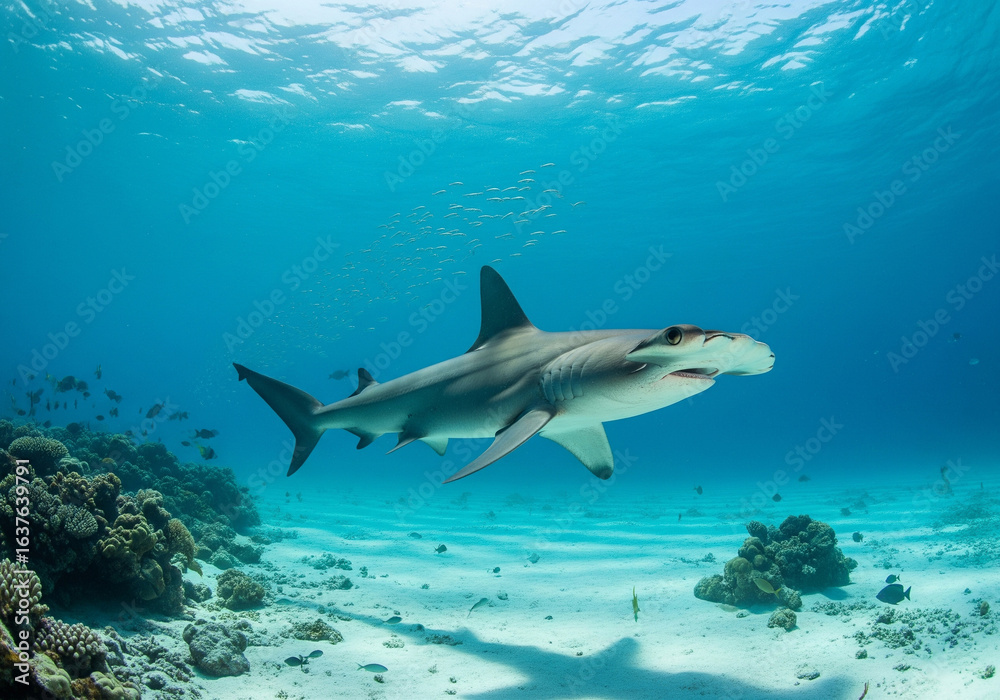 Ocean predator: a hammerhead shark swimming in the clear, sunlit waters above a coral reef environment. Ocean predator: a hammerhead shark swimming in the clear, sunlit waters above a coral reef environment.