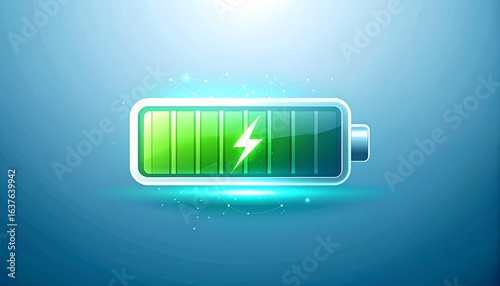 Battery icon with a full charge.  Bright glowing graphic