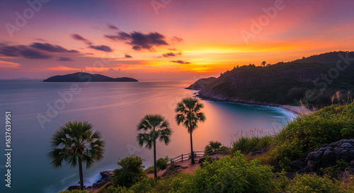 Majestic scenery of Promthep Cape, Phuket, Thailand, at dusk, showcasing the dramatic cliffs and palm trees overlooking the sea.