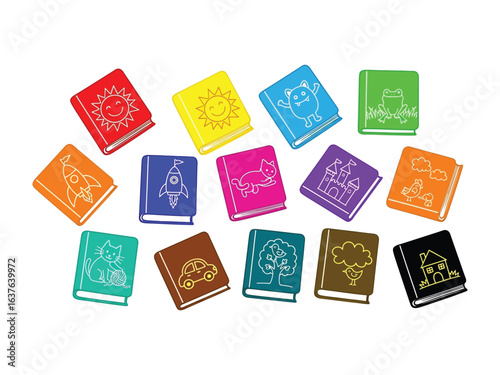 Vibrant Collection of Storybooks: A delightful assortment of colorful storybooks, each adorned with unique illustrations, arranged in a playful composition.
