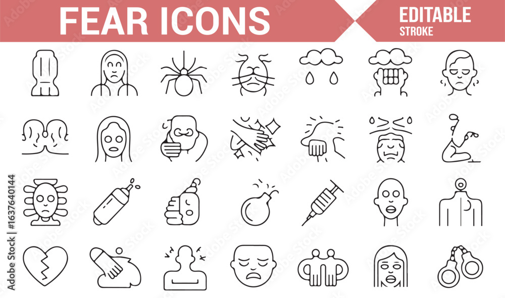 Fototapeta premium A simple, vector-based collection of fear-related icons, depicting anxiety and phobia symbols