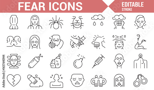 A simple, vector-based collection of fear-related icons, depicting anxiety and phobia symbols