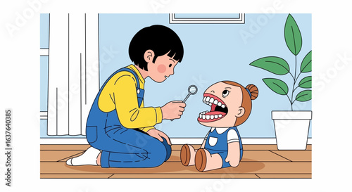 Young boy in overalls pretends to be a dentist, examining the teeth of a doll with a large open mouth using a dental mirror.