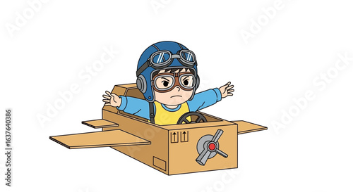 Cartoon child pilot in cardboard airplane,  excitedly flying,  with outstretched arms.