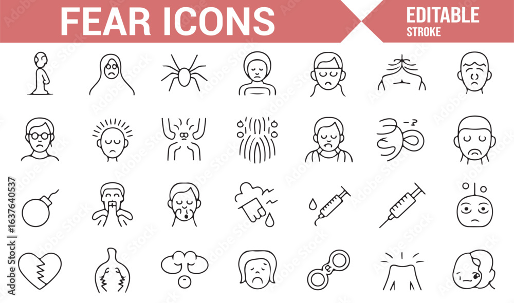 Fototapeta premium A collection of icons symbolizing fear, panic, and common phobias for use in healthcare and emotional contexts.
