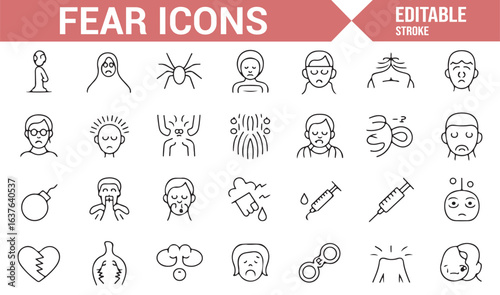 A collection of icons symbolizing fear, panic, and common phobias for use in healthcare and emotional contexts.