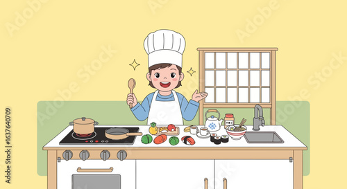 A cheerful child chef, wearing a hat and apron, prepares food in a bright kitchen setting.