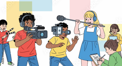 Diverse children engaged in various filmmaking activities, showcasing creativity and teamwork.