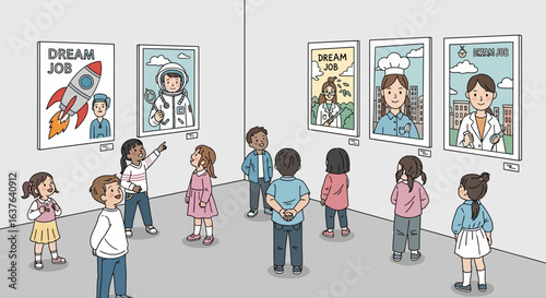 A group of children looking at posters depicting their dream jobs, excited.