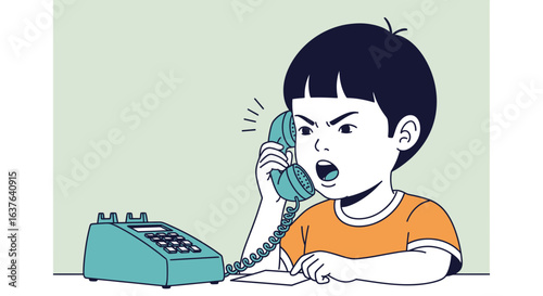 An angry young boy yells into a vintage telephone, expressing frustration with a furrowed brow and open mouth.