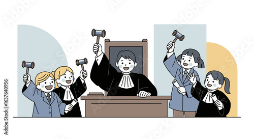 Cartoon illustration of a judge and children celebrating with gavels in a courtroom.