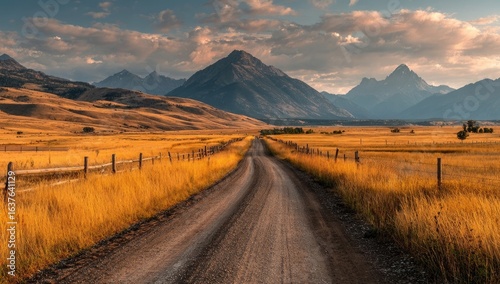 Golden dirt road winds through a valley, mountains loom in the background